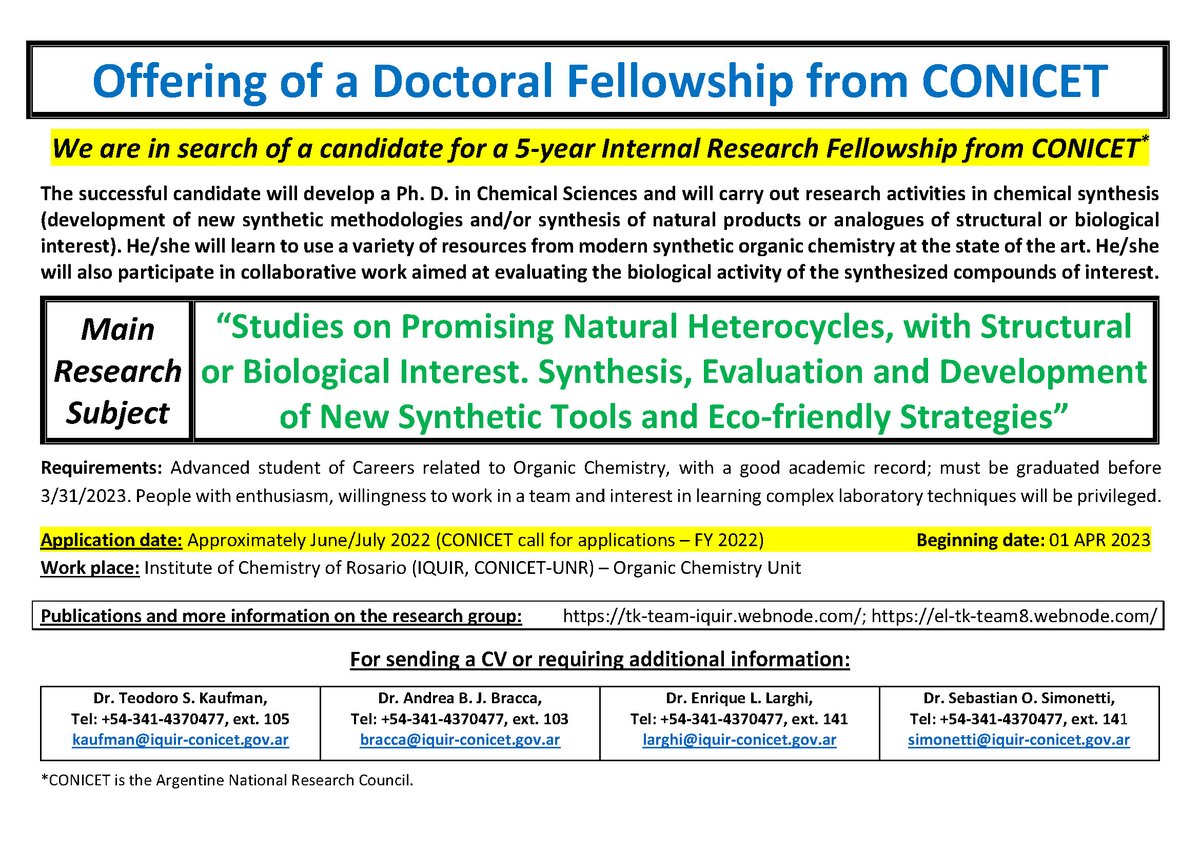 Hello <a href="/LatinXChem/">LatinXChem</a> community, our organic synthesis research group at <a href="/IQUIR_CONICET/">IQUIR</a> - <a href="/fbioyfunr/">FBIOyF UNR Facultad Cs Bioquímicas y Farmacéuticas</a> 🇦🇷 is looking for a candidates for a doctoral fellowship.

Greetings!!!