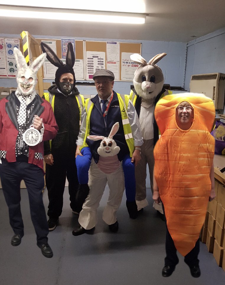 Carol4Sim's tweet photo. Some of our wonderful and very thoughtful Hilsea drivers have been spreading cheer with their festive outfits today and have been collecting Easter Eggs to give to Children who are currently in QA hospital! Well done Hilsea, such a lovely thing to do 👏🏻👏🏻👏🏻👏🏻 @FirstPortsmouth https://t.co/MzYNfrqQSZ