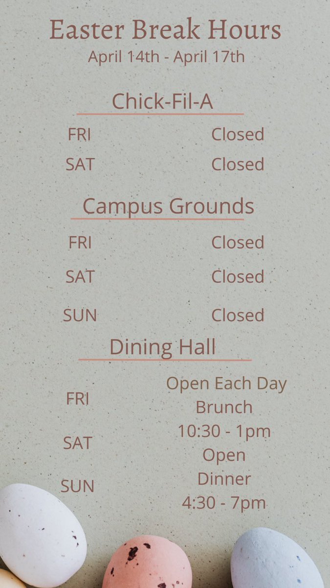 lmu_dining's tweet photo. ⚠️Easter Break Hours ⚠️ https://t.co/lxWK4WmrxI