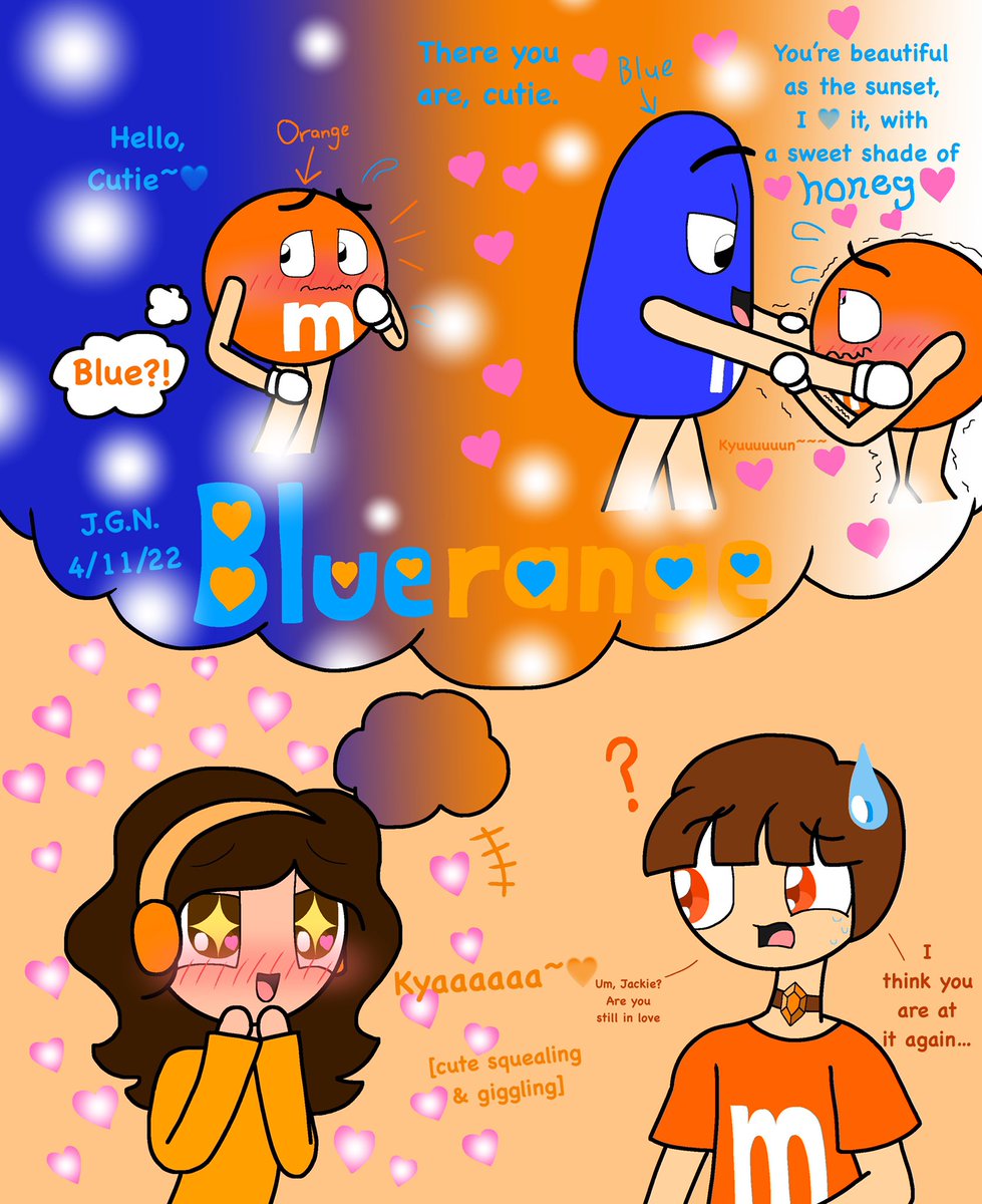 JNGWorkshop's tweet photo. It's finished! Another picture of me thinking about "Blue x Orange" together againππ I call it, "Bluerange" ππ§‘ππ§‘ #MMS #mandmfanart #Bluemandm #Orangemandm #artwork #love https://t.co/2Bnc61Ohwr