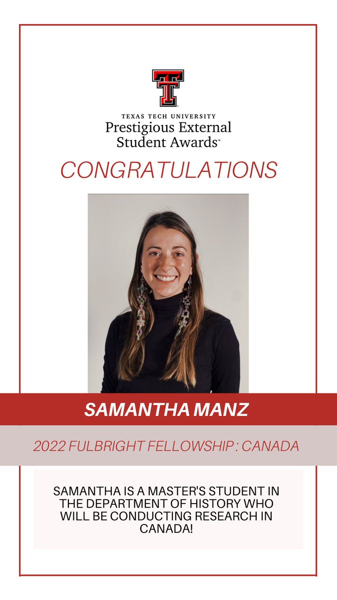 TTUPESA's tweet photo. Congratulations  to @manz_samantha, a master's student at @TTUHistory, for receiving a 2022 Fulbright Fellowship Grant to conduct research in Canada! 
@TexasTech @ttustudyabroad @TTUGradSchool @TexasTech_News https://t.co/lsZMP6I1mr