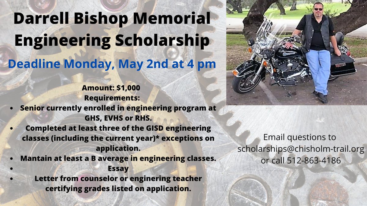 GeorgetownACF's tweet photo. The Darrell Bishop Memorial Engineering Scholarship is accepting applications. Apply by May 2nd at 4 pm. Download the application and learn about Darrell Bishop at  https://t.co/Qdy6ei9Fzj @Mr_B_Johnson @GeorgetownISD https://t.co/K8zC8S1uBI