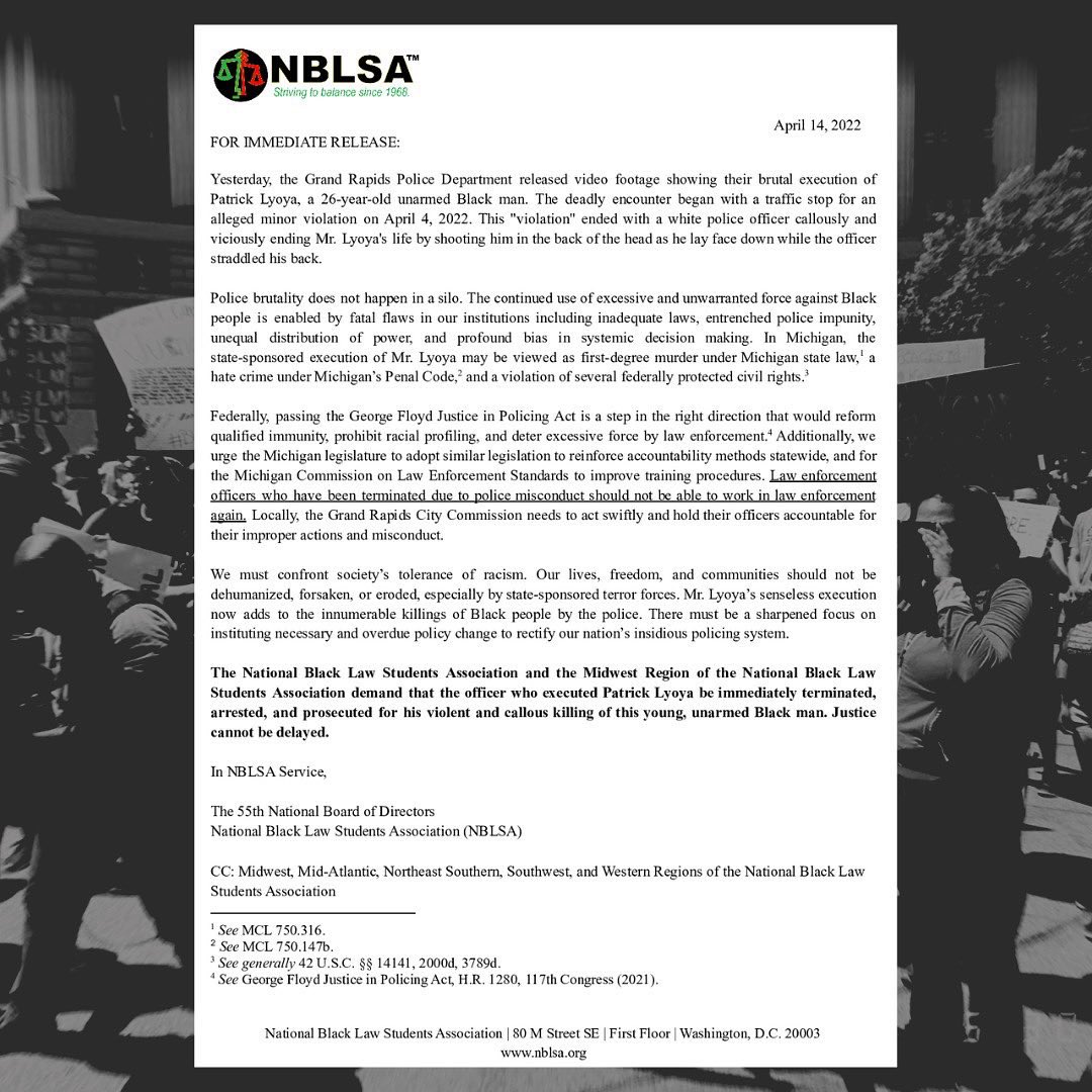 We stand with Patrick Lyoya’s family &amp; the citizens of Grand Rapids, Michigan as they demand justice in his name. We are demanding a swift, transparent, &amp; comprehensive investigation into the officer involved in this senseless killing.

Swipe for our full statement.#PatrickLyoya