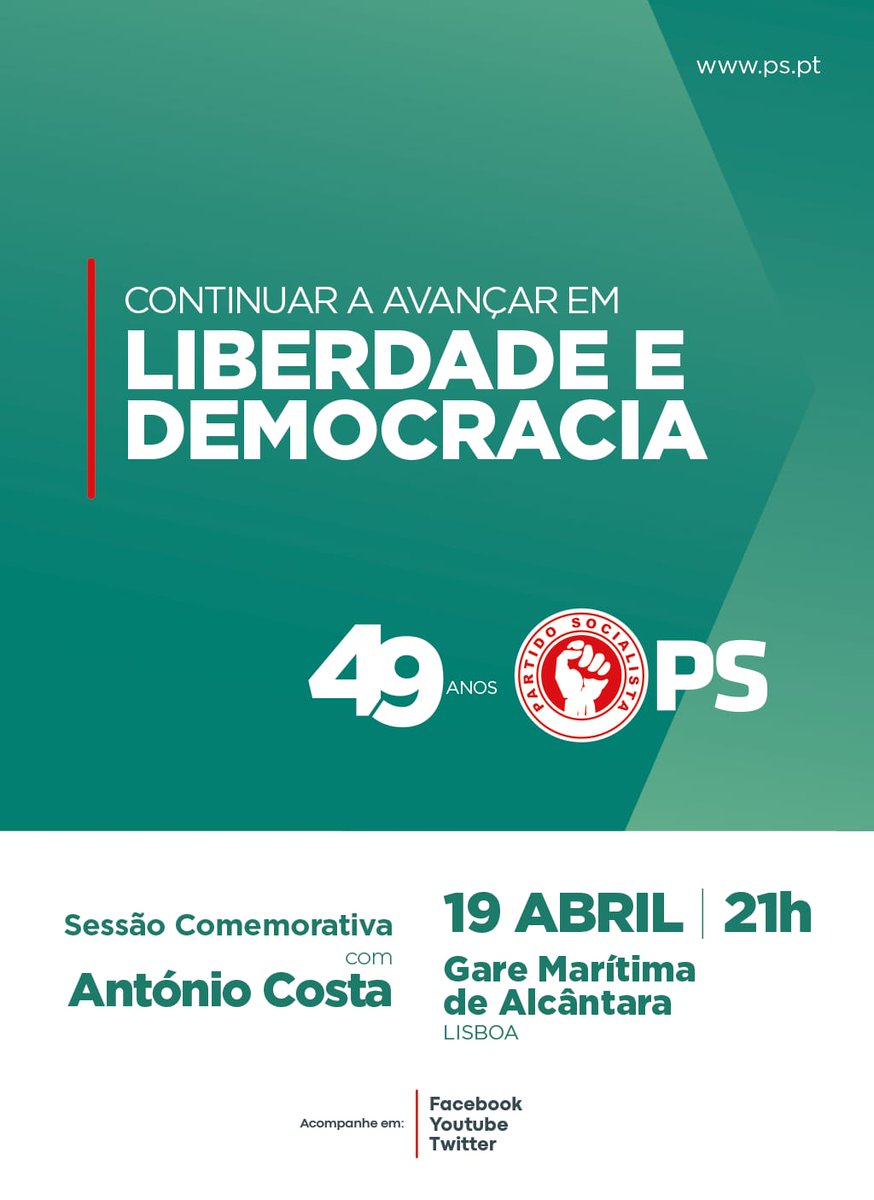 psocialista's tweet photo. O Partido Socialista comemora o seu 49° aniversário no dia 19 de abril, na Gare Marítima de Alcântara, em Lisboa, com a participação do Secretário-geral, António Costa. Contamos consigo para festejar 49 anos pela liberdade e democracia.
#ContinuarAAvançar
#AniversarioPS https://t.co/LM5Xl6bY6C