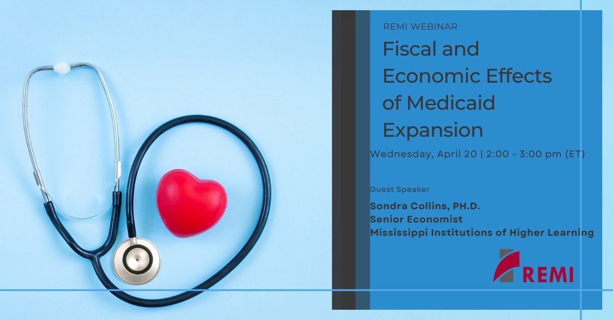 On April 20th, 2 – 3 (ET), REMI and our guest speaker, Dr. Sondra Collins will be hosting a webinar! Dr. Collins will discuss the a Fiscal &amp; Economic Analysis of Medicaid Expansion in Mississippi Under the Affordable Care Act.

Register: remi.com/event/fiscal-a…