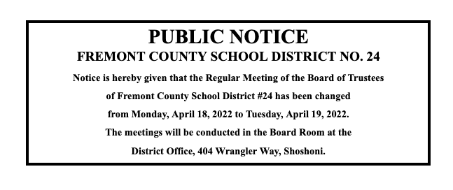 Public Notice: Change of the regular Board Meeting for April.