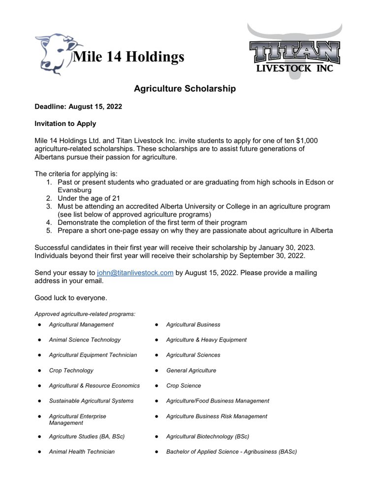 TitanLivestock's tweet photo. ⭐️Scholarship Opportunity!⭐️

Titan Livestock Inc and Mile 14 are happy to offer a a scholarship opportunity for students looking to pursue further education in the agriculture industry.

Please see details below &amp; reach out with any questions!   

Deadline is August 15 2022 https://t.co/5NXC7QIl48