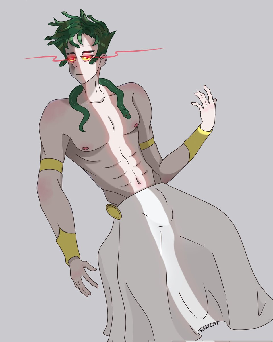 Forgot to post this here but I made this for my homework again, #genderbend of #Medusa 
#GreekMythology #bara