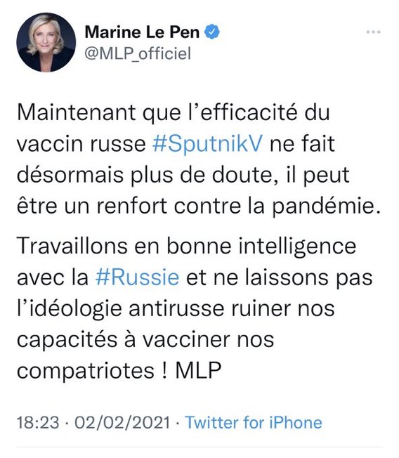 Il y a juste un peu plus d’un an, @MLP_officiel tweetait ce genre de choses... on peut imaginer comment on serait sortis de la crise Covid avec elle aux commandes ? 😱😱😱 #ToutSaufLePen #JevoteMacron