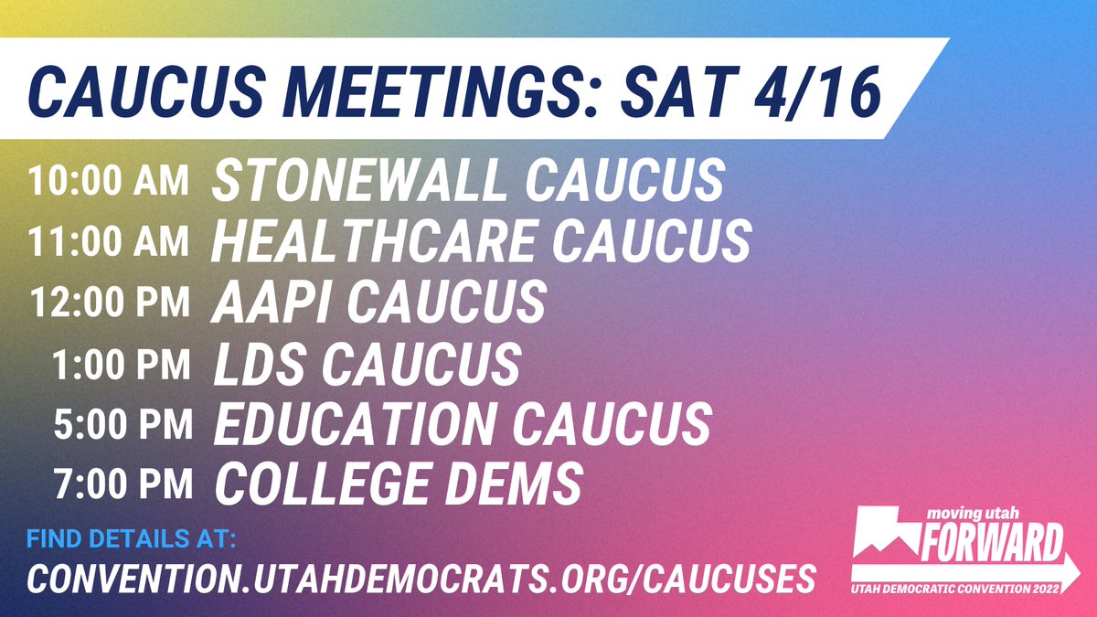 UtahDemocrats's tweet photo. Tomorrow we have a full day of caucus meetings!
10 AM: @UTStonewallDems
11 AM: @UTDHC
12 PM: AAPI
1 PM: LDS
5 PM: Education
7 PM: College Dems
Find more details here: https://t.co/l2Uk8fJaQx
#MovingUtahForward #UtahDems #utpol https://t.co/TD7avWi5rX