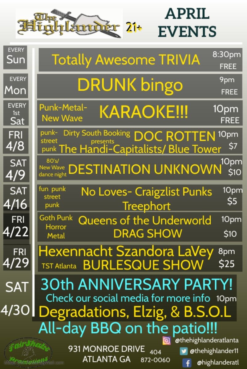We got stuff happening every weekend!  Take a look!  
#punkbands #metalbands #rockbands #livemusic #karaoke #dragshow #bingo #trivianight #highlanderatl #fairshakepromotions