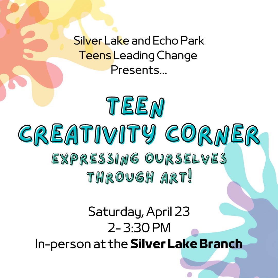 SilverLakeLAPL's tweet photo. - A Program for Teens experiencing Housing Insecurity-

🎉Join us IN-PERSON on Saturday April 23rd from 2:00pm to 3:30pm @SilverLakeLAPL for Teen Creativity Corner! - 2411 Glendale Blvd. 90039
🎨 FREE Art Kits (&amp; snacks) will be provided. https://t.co/21ex4cI7Ym