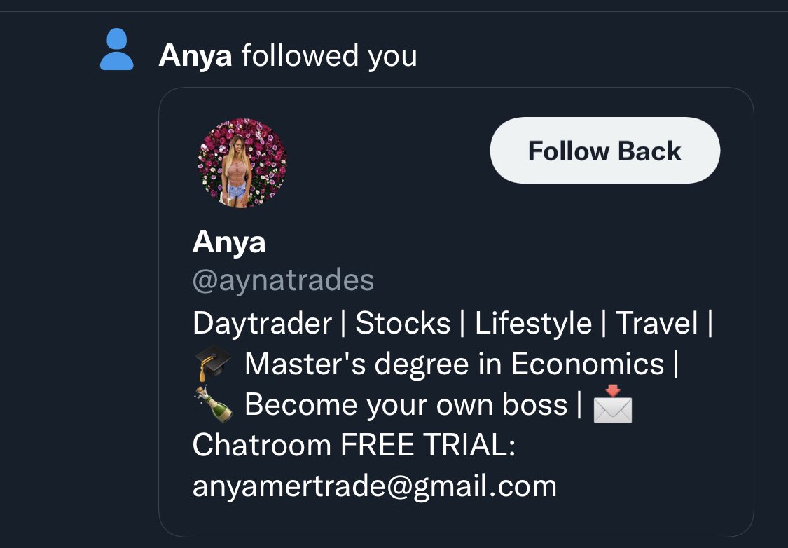 I was all excited thinking that <a href="/anyatrades/">Anya</a> was following me. Darn it. Feel free to report this imposter —> <a href="/aynatrades/">Anya</a>