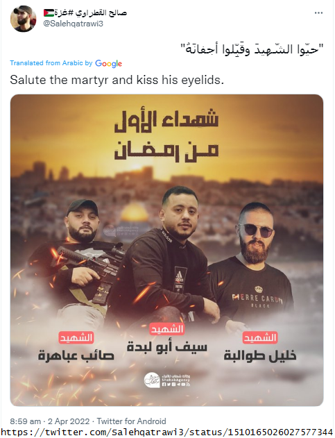 BestWebEnglish's tweet photo. 🔴Reported Hamas terrorist @Salehqatrawi3 6,433 Followers; promotes #terrorism outlawed by @Twitter, praises, glorifies murderous terrorists, incites violence, murder,war against Jews,Israelis.
THIS. IS. NOT. FREE. SPEECH.@TwitterSupport
@IsraelMFA #Israel https://t.co/MXihYvBMU6 https://t.co/cHQ3Js3L66