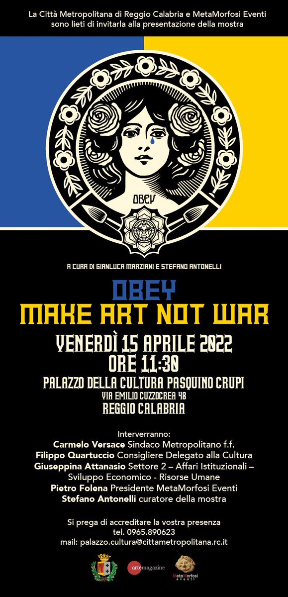 🟡⚪ Tutto pronto al Palazzo della Cultura Pasquino Crupi di #ReggioCalabria per l'inaugurazione della mostra di <a href="/OBEYGIANT/">Shepard Fairey</a>. Venite a scoprirla domani venerdì 15 aprile alle ore 11.30 per l'inaugurazione ufficiale!