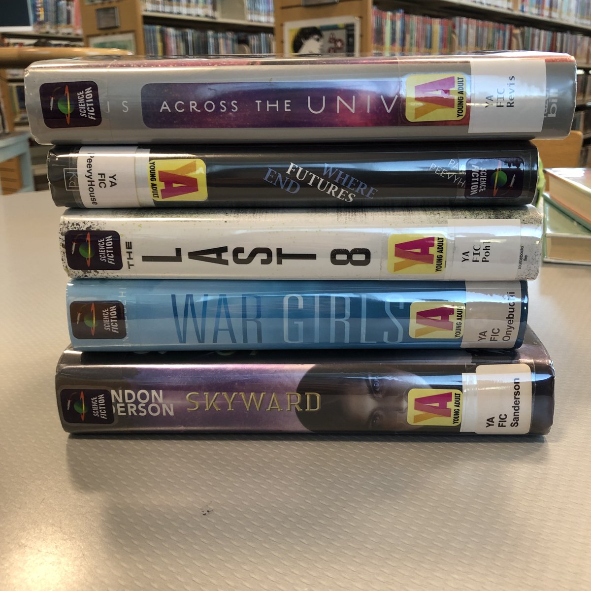 Across the Universe
Where Futures End
The Last 8 
War Girls
Skyward

If you have any book spine poetry you would like to share,tag us,and if it's appropriate we'll retweet it!
#Bookish #NationalPoetryMonth #scifibooks #sciencefiction #poetrycommunity #PoetryMonth #bookspinepoetry