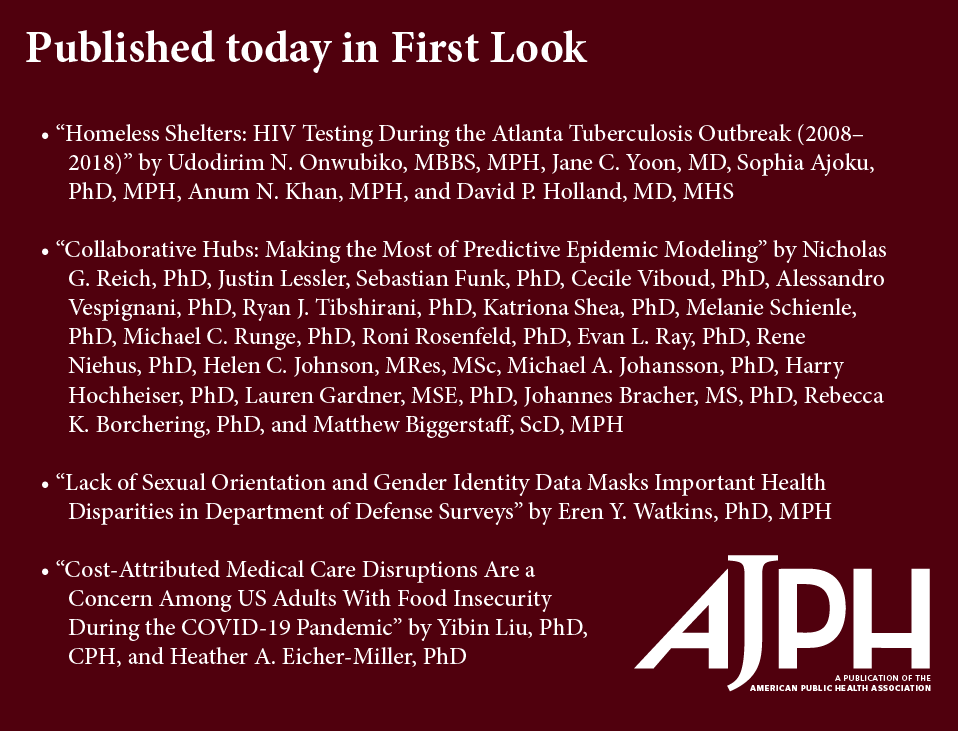 Get a first look at 8 new AJPH pieces now published online!

A variety of topics are covered, including COVID-19 vaccines, housing for domestic violence survivors, HIV testing, medical care costs, and more

Check them out here: ajph.aphapublications.org/toc/ajph/0/0