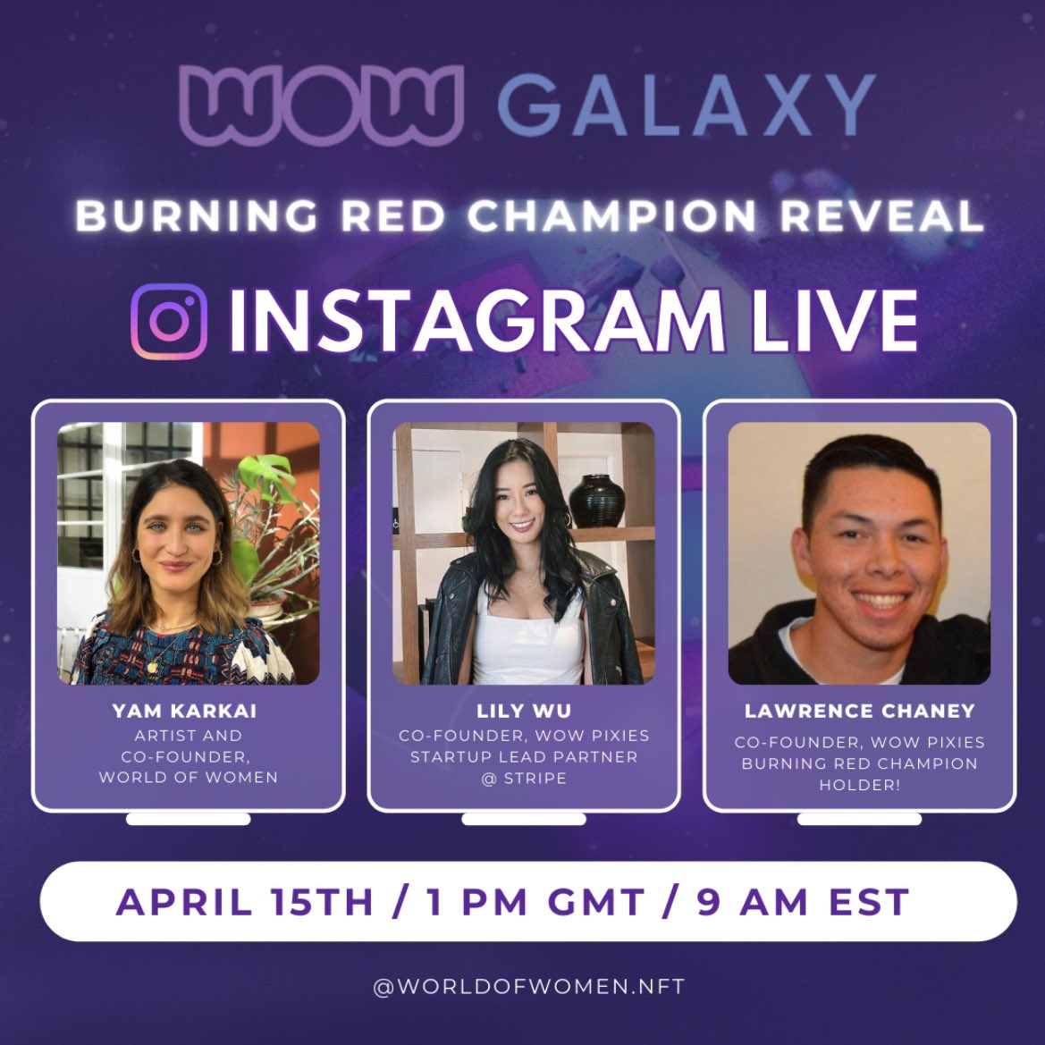 Join us tomorrow for an Instagram Live with <a href="/NWCollect/">North West Collectibles</a>, <a href="/nftlily/">Lily Baumer | NFT</a> &amp; <a href="/YKarkai/">Yam</a> to reveal WoW Galaxy’s Burning Red Champion ❤️‍🔥

🔗 instagram.com/worldofwomen.n…