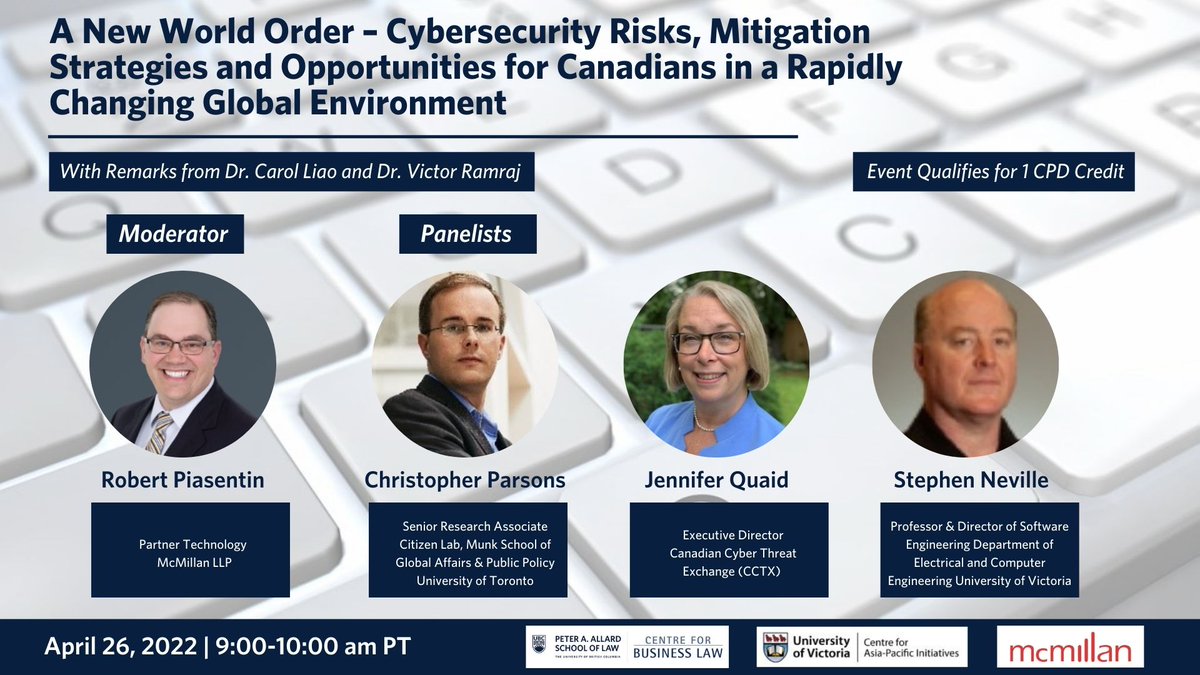 Centre for Business Law at UBC (@cbl_allardlaw) on Twitter photo Join us April 26 9am PT for important webinar on cybersecurity risks, mitigation strategies & opportunities in a rapidly changing environment. Co-hosed with <a href="/McMillanLLP/">McMillan LLP</a> <a href="/CAPIUVic/">UVic Centre for Asia-Pacific Initiatives</a> <a href="/CBL_AllardLaw/">Centre for Business Law at UBC</a> Qualifies 1 CPD Credit <a href="/caparsons/">Christopher Parsons</a> <a href="/CCTXCanada/">CCTX</a> Register here: bit.ly/3M3Cqhg Join us April 26 9am PT for important webinar on cybersecurity risks, mitigation strategies & opportunities in a rapidly changing environment. Co-hosed with <a href="/McMillanLLP/">McMillan LLP</a> <a href="/CAPIUVic/">UVic Centre for Asia-Pacific Initiatives</a> <a href="/CBL_AllardLaw/">Centre for Business Law at UBC</a> Qualifies 1 CPD Credit <a href="/caparsons/">Christopher Parsons</a> <a href="/CCTXCanada/">CCTX</a> Register here: bit.ly/3M3Cqhg