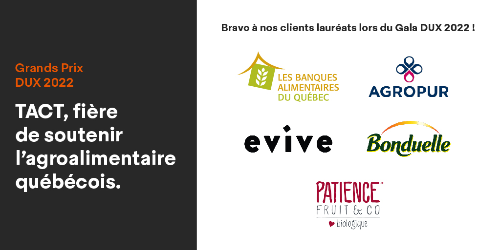 Nous sommes fiers de soutenir des entreprises innovantes en agroalimentaire au quotidien. Bravo à nos clients <a href="/BAlimentairesQC/">Banques alimentaires du Québec</a>, <a href="/agropur/">Agropur</a>, <a href="/EviveNutrition/">Evive</a>, <a href="/Bonduelle_Group/">Bonduelle Group</a>, Patience Fruit &amp; Co, gagnants de plusieurs prix au Gala DUX 2022.