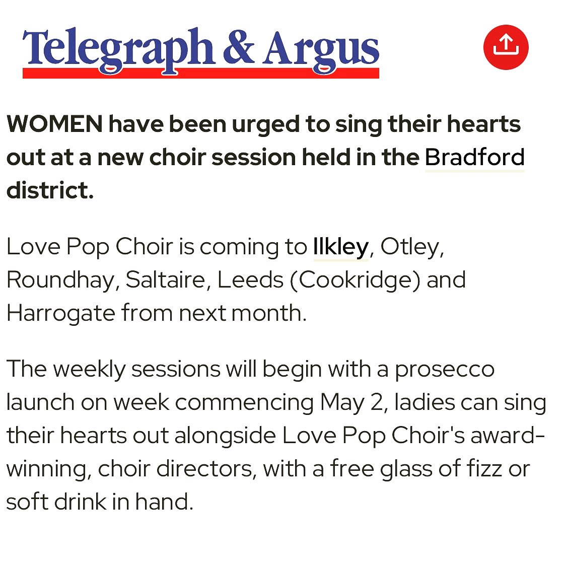 “How to sing your heart out to top pop tunes at new ladies choir in district” ❤️🎶

The Telegraph and Argus <a href="/Bradford_TandA/">Telegraph & Argus</a> have published an article on Love Pop Choir. Please read, love and share! shorturl.at/rFPUY 📰

#lovepopchoir #singyourheartout #thetelegraphandargus
