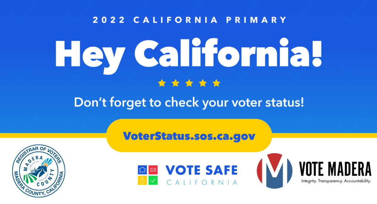 MaderaElections's tweet photo. The #2022CAPrimaryElection is right around the corner. 
Make sure you’re ready! Verify your voter status at 
https://t.co/z1VRgSIM5d 

La #2022CAPrimaryElection está a la vuelta de la esquina.¡Asegúrese de que este listo! Verifique su estatus de votante en 🗳 #VoteSafeCA #VoteCa https://t.co/oIy4RHKFqf