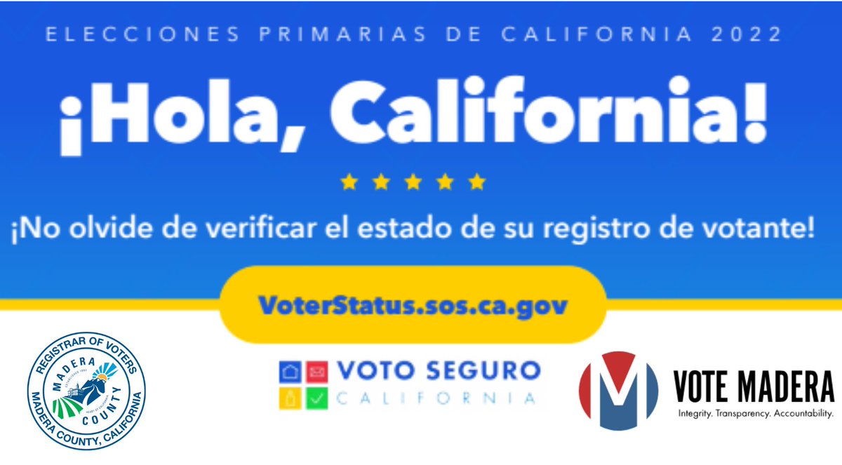 MaderaElections's tweet photo. The #2022CAPrimaryElection is right around the corner. 
Make sure you’re ready! Verify your voter status at 
https://t.co/z1VRgSIM5d 

La #2022CAPrimaryElection está a la vuelta de la esquina.¡Asegúrese de que este listo! Verifique su estatus de votante en 🗳 #VoteSafeCA #VoteCa https://t.co/oIy4RHKFqf