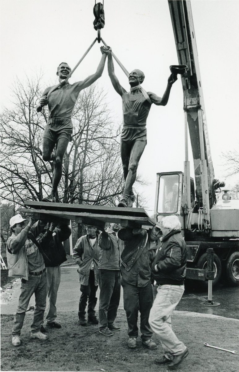 HistoricNewton's tweet photo. #TBT The #JohnnyKelley statue on #CommonwealthAve opposite Newton City Hall is now a classic feature of the #BostonMarathon course. This photo by Keith Jacobson shows it being installed in 1993. #fromthearchives #newtonma https://t.co/jhOsN7vaL7