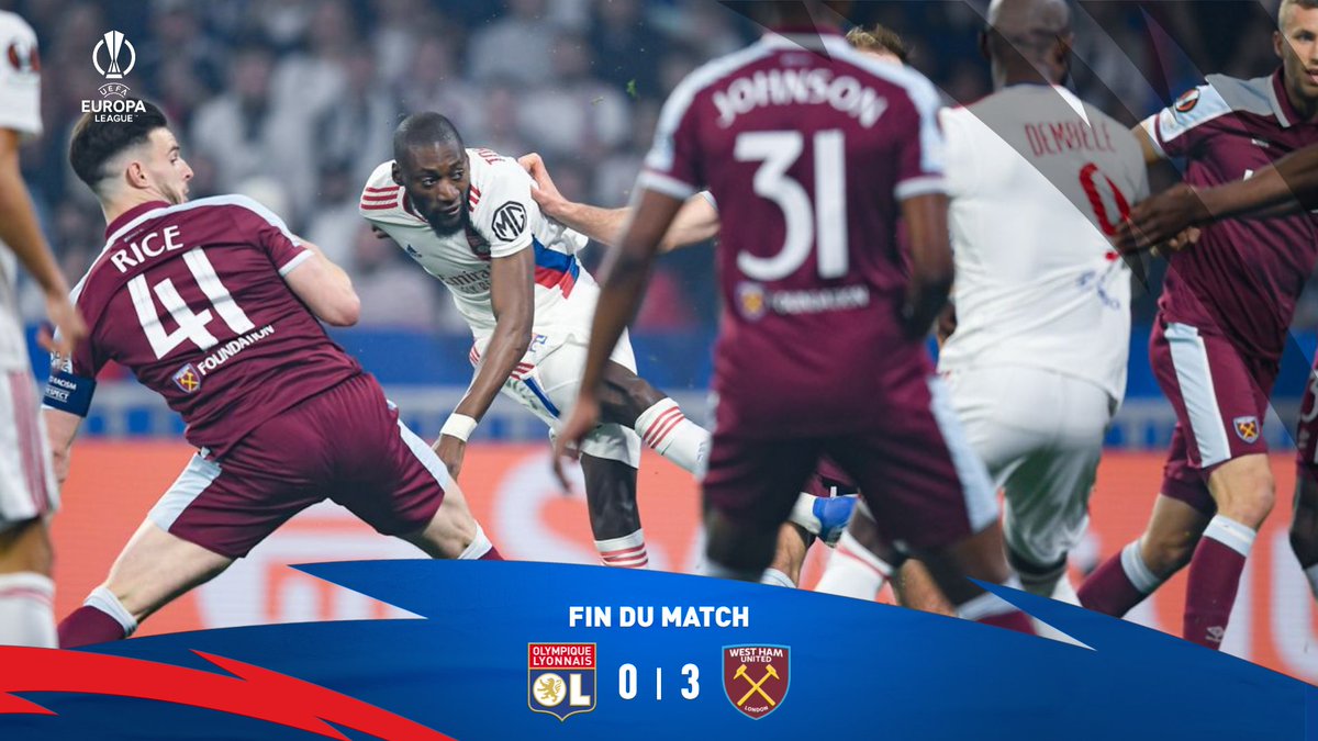 🔚 Fin du match sur ce score de 3 buts à 0 pour West Ham.

L’OL est éliminé de l’Europa League au stade des quarts de finale. 🔴🔵

0-3 (1-4) #OLWHU #UEL