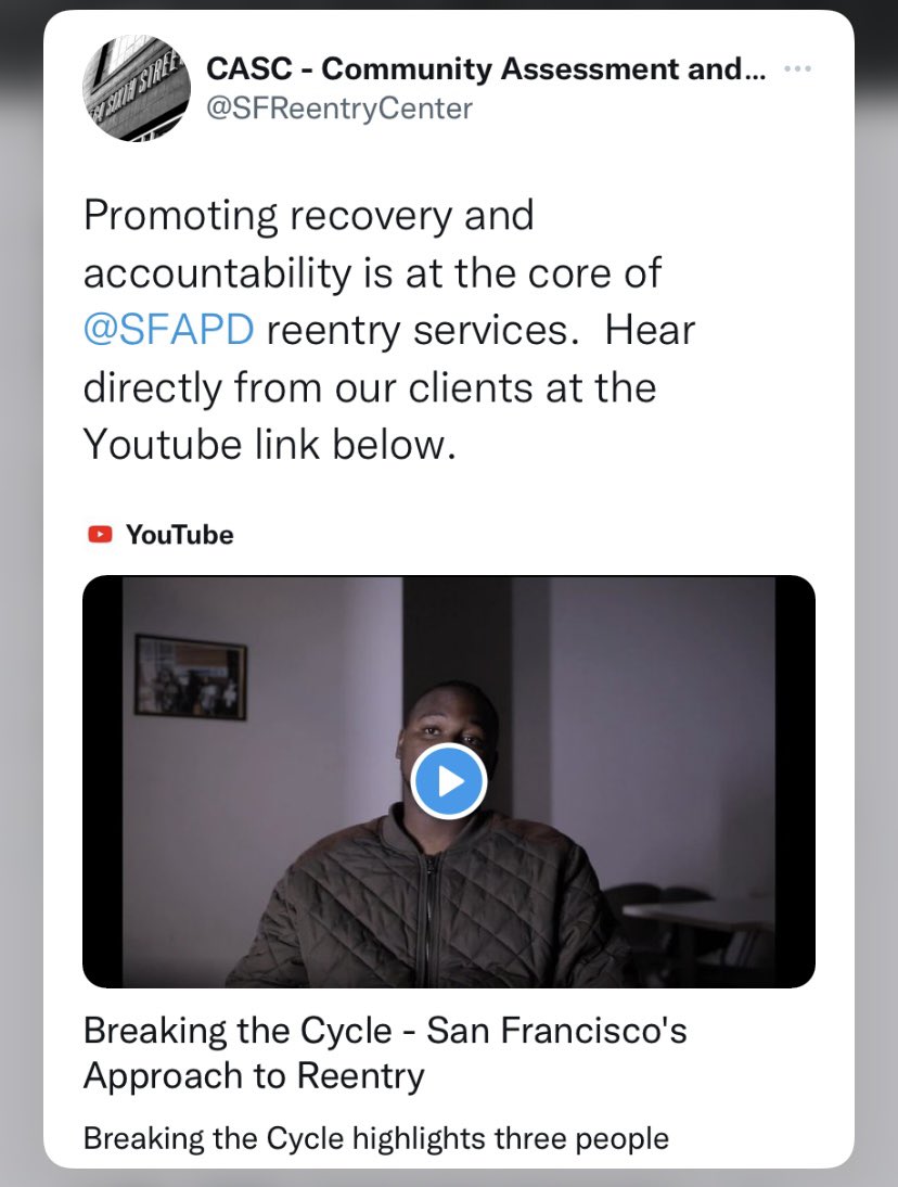 Recovery &amp; Accountability - that is what changes lives.  Hear directly from our clients <a href="/SFAPD/">SF Adult Probation</a> <a href="/ReentryCouncil/">San Francisco Reentry Council</a> @CPOC_Probation 

Watch the video:
youtu.be/1odgxx11w1s