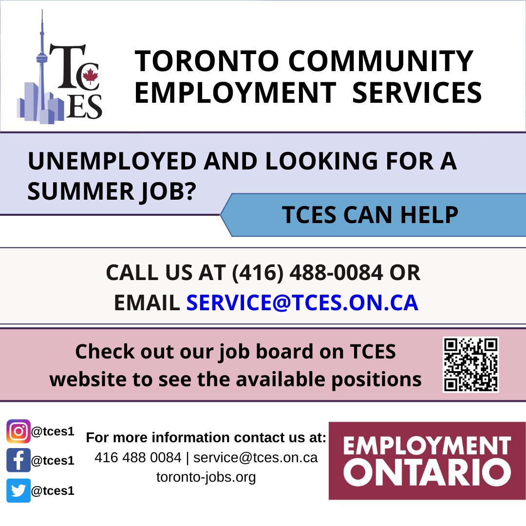 TCES1's tweet image. Are you unemployed and looking for a  summer job? 

Call (416) 488-0084 or email service@tces.on.ca to book an appointment with a counsellor.

#tces #toronto #torontojobs #employment #torontoemployment #findjobs #employmentontario #midtowntoronto #employmentagency