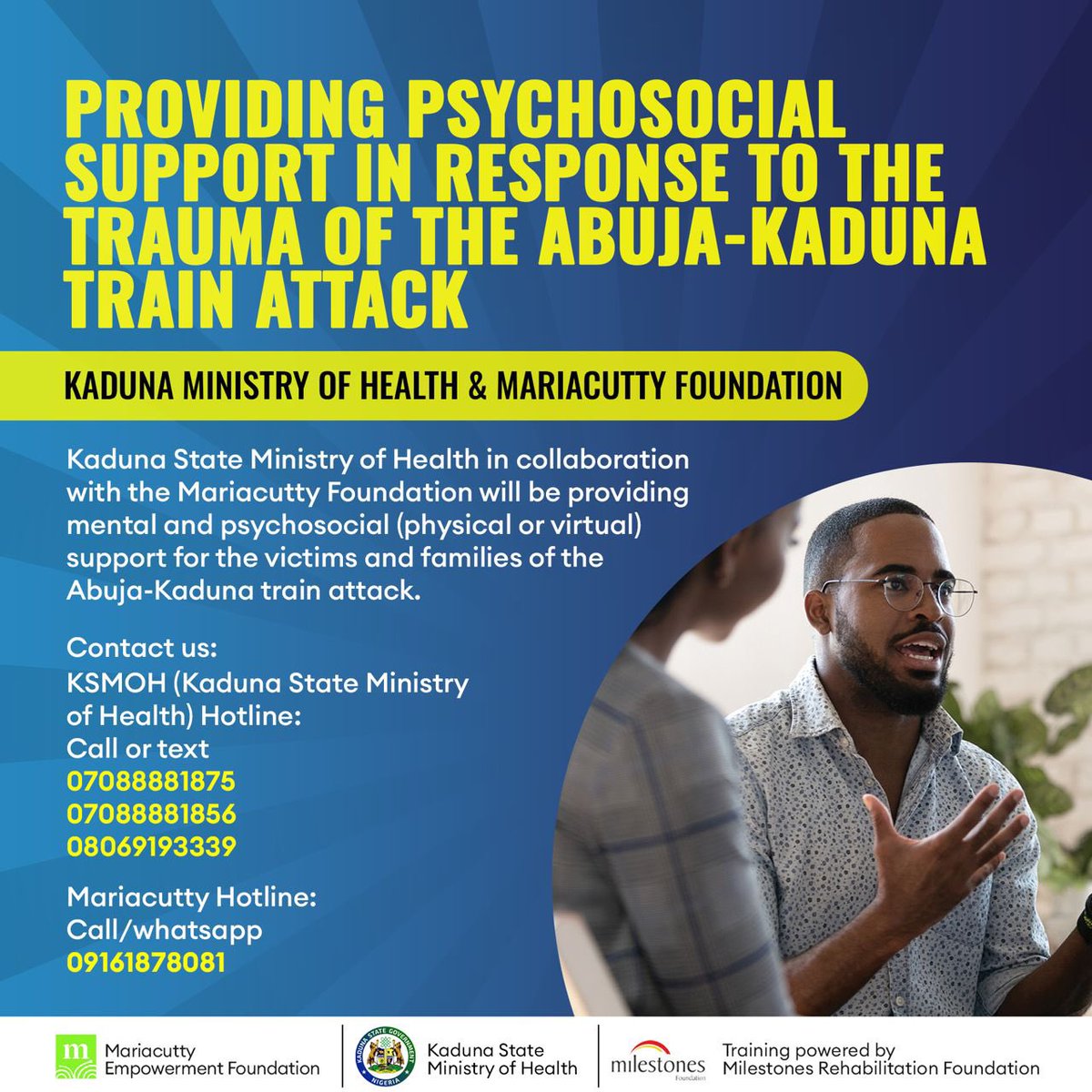 lolashoneyin's tweet photo. Hey @MilestonesNgr, great to see the state govt is involved in this important initiative. More power to everyone involved. #KadunaTrainAttack https://t.co/znW9Tdudgz