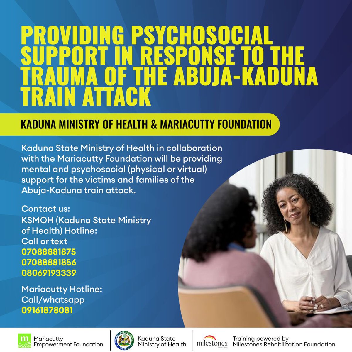 lolashoneyin's tweet photo. Hey @MilestonesNgr, great to see the state govt is involved in this important initiative. More power to everyone involved. #KadunaTrainAttack https://t.co/znW9Tdudgz