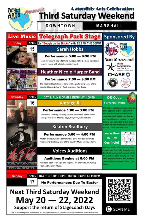 ArtsInMarshall's tweet photo. Come to #MarshallTexas! A weekend of #freeconcerts featuring #SarahHobbs #HeatherNicoleHarperBand #VintageIII #KeatonBradbury & comedy by #ThuddaRow marks the first #ThirdSaturdayWeekend presented by the #MarshallRegionalArtsCouncil & our sponsors #ArtsInMarshall #MRAC #TexasArts https://t.co/n4CvWN30UC
