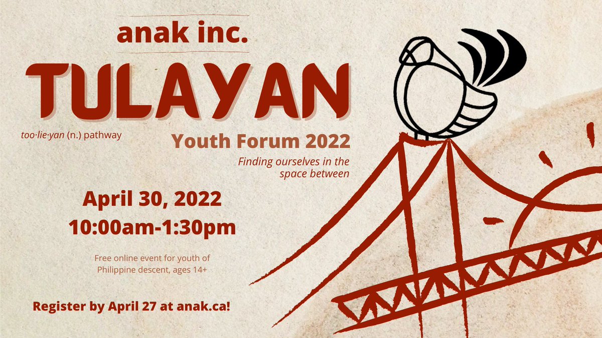 Exploring your Filipino-Canadian identity? 🤔

Join us on April 30 for this year’s Youth Forum! The theme is “Tulayan” - a Tagalog word for bridging the gap and serves as a metaphor for how we navigate finding ourselves in the space between🌉

Register at anak.ca!