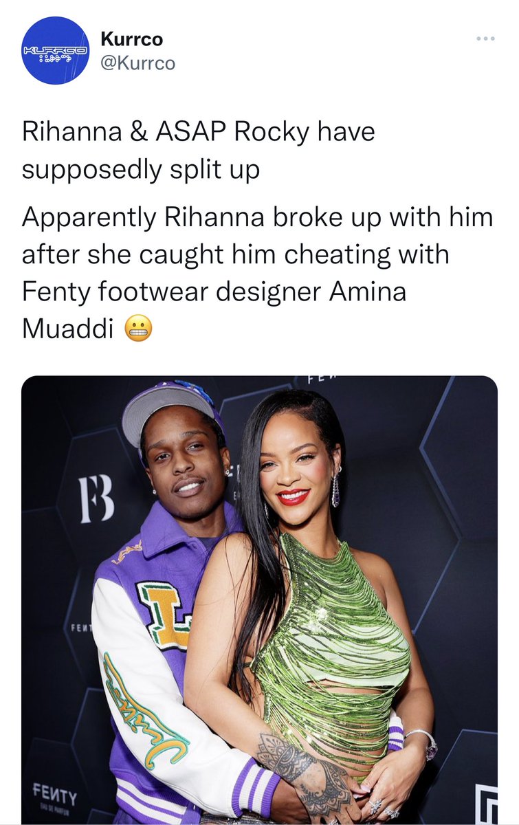 GistReel's tweet photo. Rihanna and ASAP Rocky have allegedly split up, sources say she caught him cheating with her footwear designer. https://t.co/GfktAMVMLM