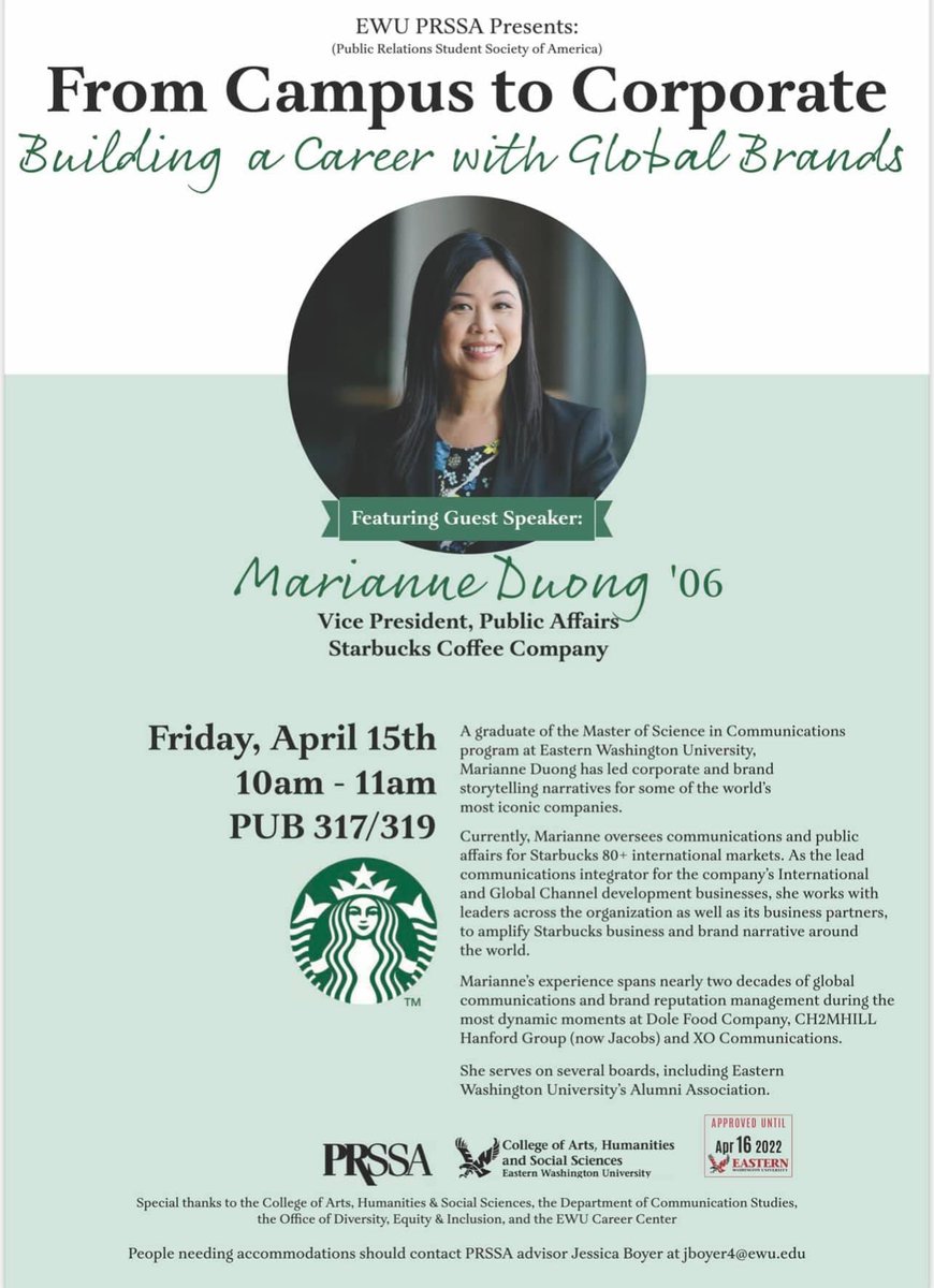 EWUPRSSA's tweet photo. Interested in working for Starbucks? Join us for a discussion “From Campus to Corporate: Building a Career With Global Brands” with Marianne Duong, the Vice President, Public Affairs, at Starbucks Coffee Company. Tomorrow, April 15th, 10:00-11:00AM, PUB 317/319. https://t.co/tSKdvuHenL