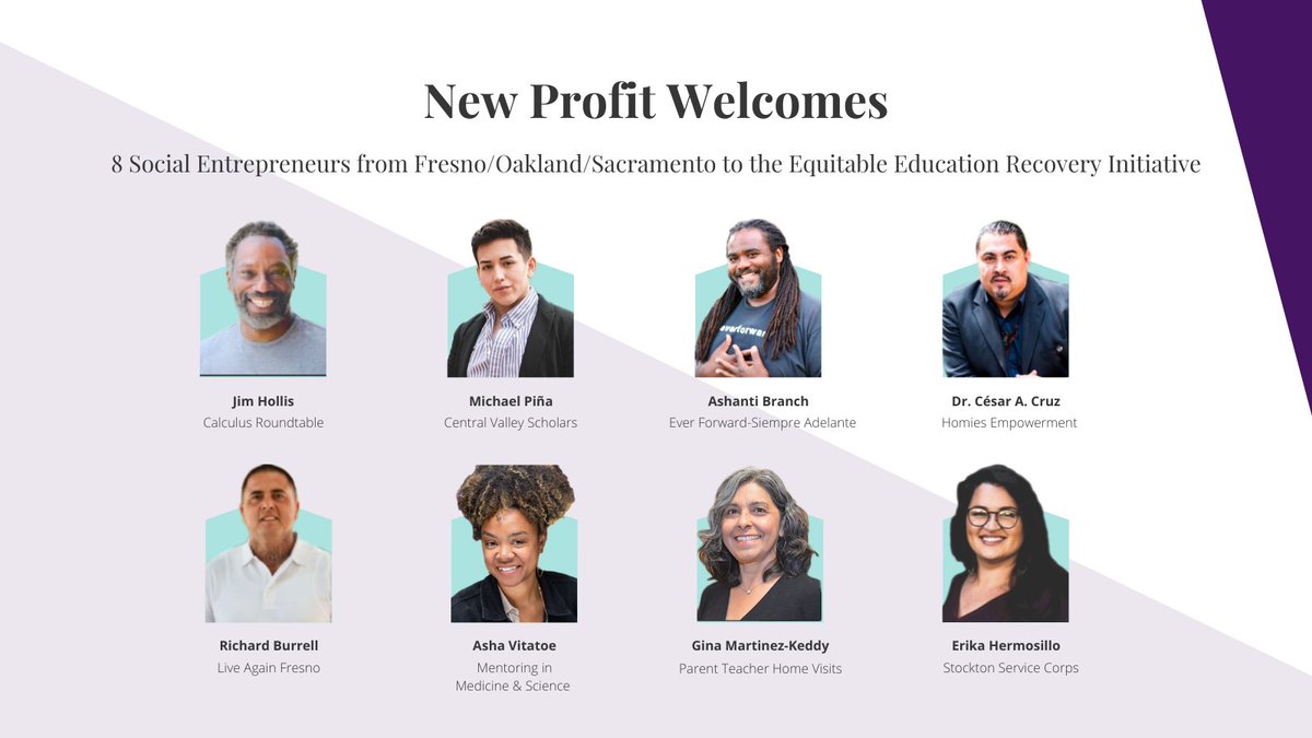 Welcoming 8 social entrepreneurs from #Sacramento #Oakland #Fresno to our Equitable Ed Recovery Initiative #k12 hubs.li/Q0187KgJ0 
<a href="/everforwardclub/">Ever Forward Club</a> <a href="/HomiesEmpower/">Homies Empowerment</a> <a href="/StknSrviceCorps/">Stockton Service Corps</a> <a href="/pthvp/">Parent Teacher Home Visits</a> <a href="/calcround/">CalcRound</a>
<a href="/cvscholars/">Central Valley Scholars</a> Mentoring in Medicine &amp; Science &amp; Live Again Fresno