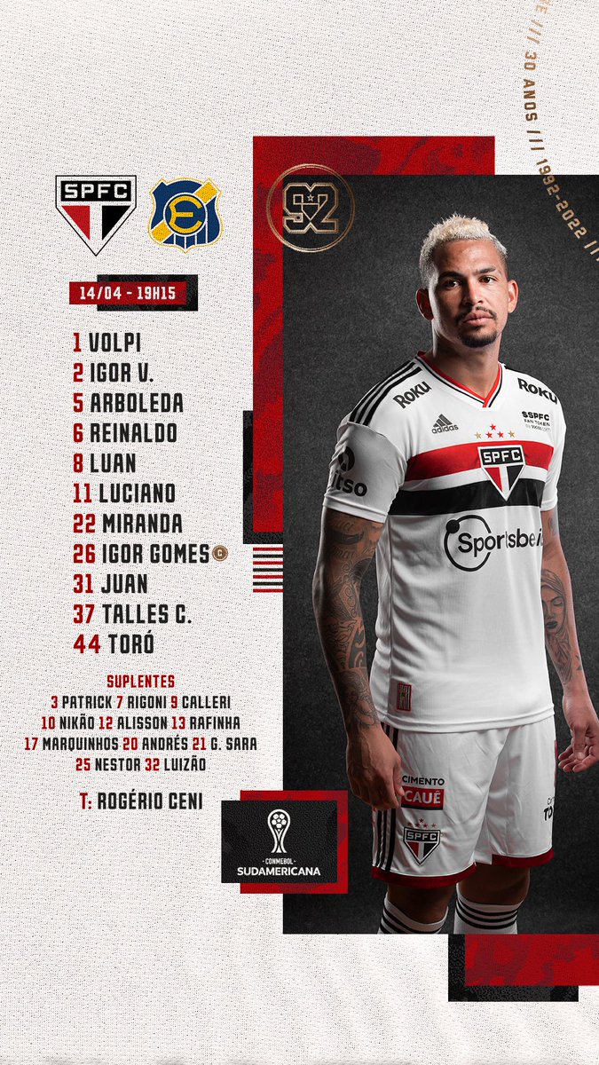 SaoPauloFC's tweet photo. O Tricolor está escalado! Às 19h15 começa o confronto no Morumbi!

⚽ São Paulo x Everton (CHI)
🏟 Morumbi
⏰ 19h15
🏆 @SudamericanaBR
📺 Conmebol TV

* Por conta de uma indisposição estomacal, o goleiro Jandrei precisou ser cortado do jogo.

#GrandeConquista
#VamosSãoPaulo 🇾🇪 https://t.co/G7yS1OtaSG