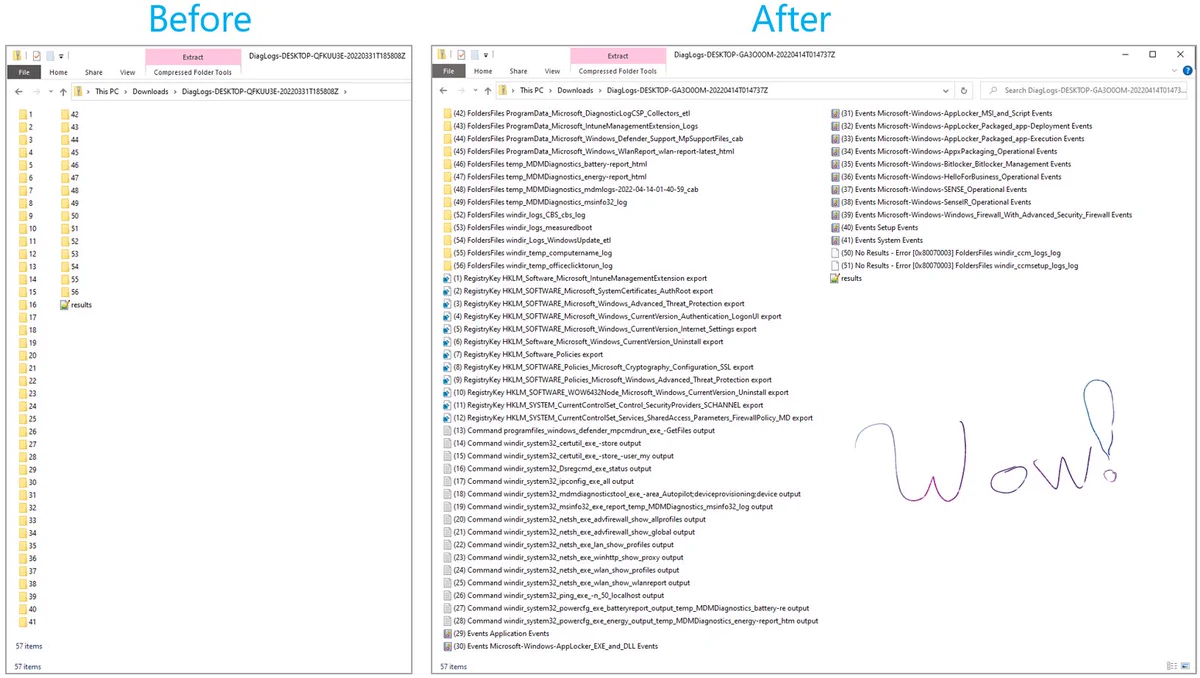 Before and after examples of a remote device diagnostic collection for Windows devices enrolled with Microsoft Endpoint Manager - Intune.