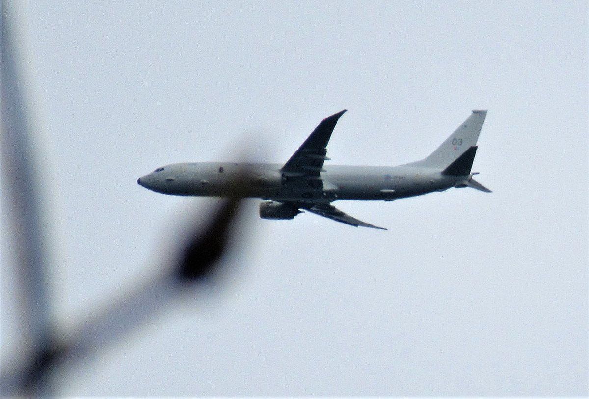BloodyPolitics's tweet photo. A couple of RAF #Lossiemouth Poseidon P8 anti-submarine planes swung by today, heading for touch and go circuits at #Prestwick. They were mostly obscured by foliage. Gotta love those trees.😆

This one was #ZP803 
#ZP809 was a bit camera shy
#AVgeek https://t.co/34sDhVfcXW