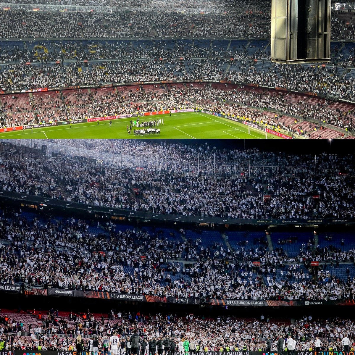 InvictosSomos's tweet photo. La imagen es espectacular. Los jugadores del Eintracht Frankfurt celebrando con sus hinchas tras eliminar al Barça de la Europa League en su propio patio. Metieron 30,000 hinchas a casa ajena. Pintaron el Camp Nou de blanco. Fueron locales en territorio culé. HISTORIA PURA. https://t.co/gfMBSuqAFi