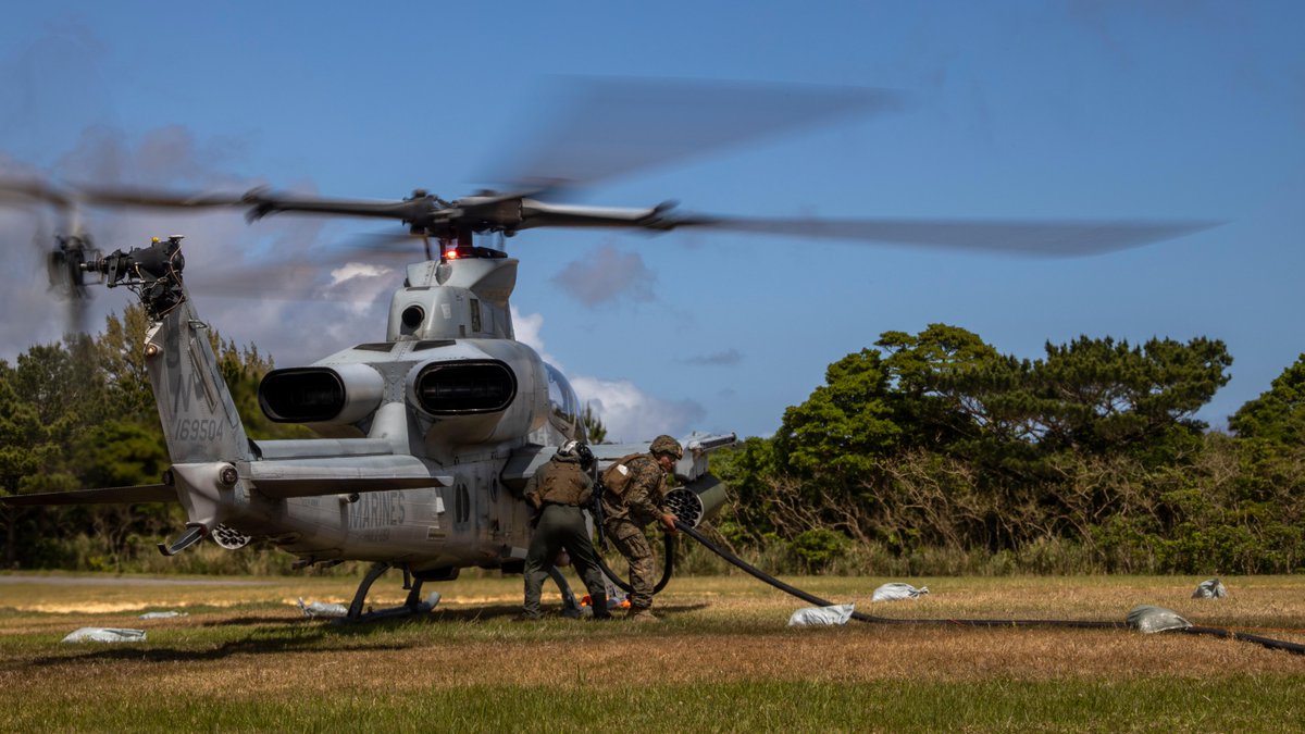 #Marines with the @31stMeu refuel an AH-1Z Cobra during a Forward Arming and Refueling Point (FARP) exercise on Okinawa, Japan, April 14. A FARP is used to extend aircraft capabilities by rearming and refueling without having to fall back to a forward operating base.#EveryClime