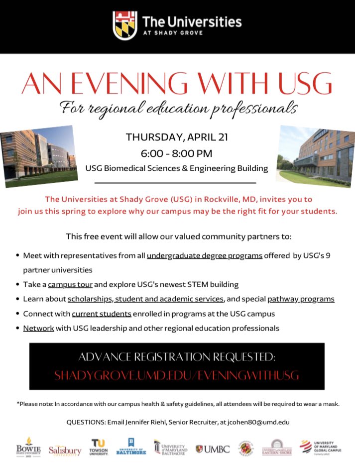 USG_Recruitment's tweet photo. Hey there, @montgomerycoll @FrederickCC @HowardCC @pgccnews @MCPS @MCPSCounseling @CollegeTracks @IdentityYouthMD @LibertysPromise @FutureLinkMD staff, advisors &amp; faculty! We hope you will join us at @UatShadyGrove on 4/21 for an event made just for YOU! https://t.co/jsfyGHpCip https://t.co/FXtJIsTsi3