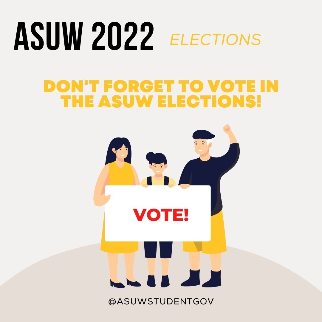 Elections for the #110th close at noon tomorrow, April 15! Don't forget to vote in the election! You can vote through your WyoCourses and on the Student Hub course! 

If you have any difficulties, come to the ASUW office (basement of the Union) and we can help troubleshoot it!