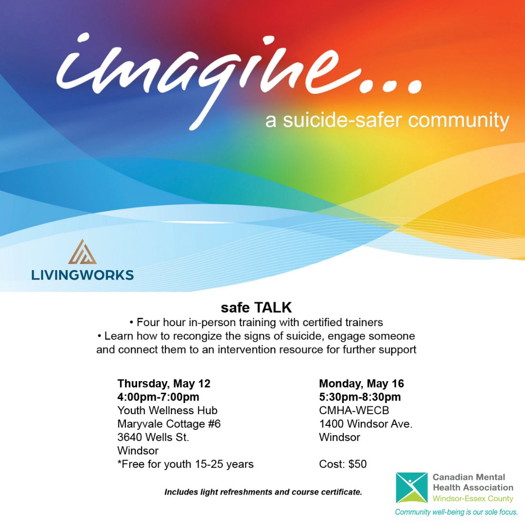 youthhubyqg's tweet photo. Calling all youth aged 15-25📢 Are you interested in receiving training on how to create a suicide-safer community? Register for this FREE 4-hour training through @cmhawecb at the Youth Wellness Hub Windsor-Essex. 
https://t.co/cLkr7pjc2C https://t.co/2Ad0c4nwFt