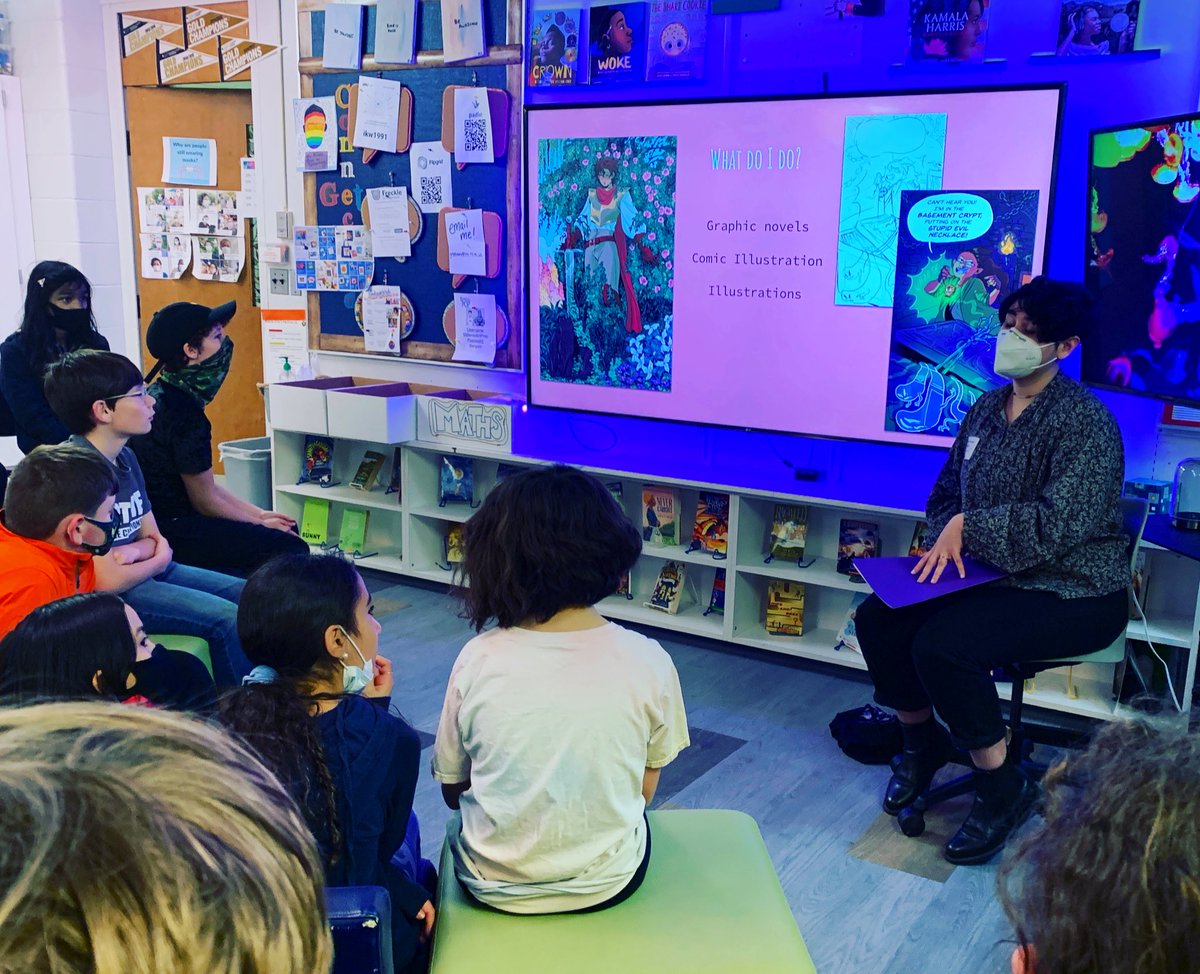 ExpertEffectEDU's tweet image. For the first time since the pandemic began, we welcomed a visiting expert into our classroom. Freelance artist (&amp;amp; wizard?), @rosebousamra spent the afternoon hanging out. It was so much fun! Check out their upcoming graphic novel, #Frizzy by @Claribel_Ortega! #experteffectedu