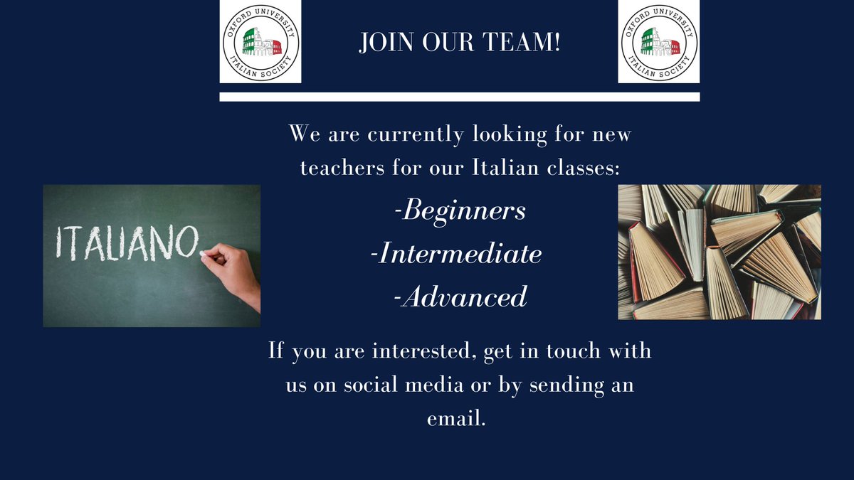 OUItaSoc's tweet photo. We are looking for new teachers for our Italian classes. We offer Italian classes to its members divided into three classes: Beginners, Intermediate and Advanced. 

If are interested in becoming a teacher, send us an email or contact us on the OUIS social media accounts. https://t.co/fB9iUgDp41
