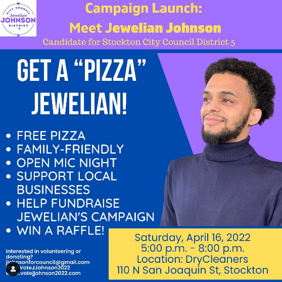 StocktonDems's tweet photo. @VoteJJohnson22 To learn more about Jewelian, attend his Campaign Launch at DryCleaners (110 N. San Joaquin Street, Stockton) this Saturday April 16 from 5-8pm. #VoteJJohnson2022 #StocktonDems https://t.co/hEoRDfw6Ch