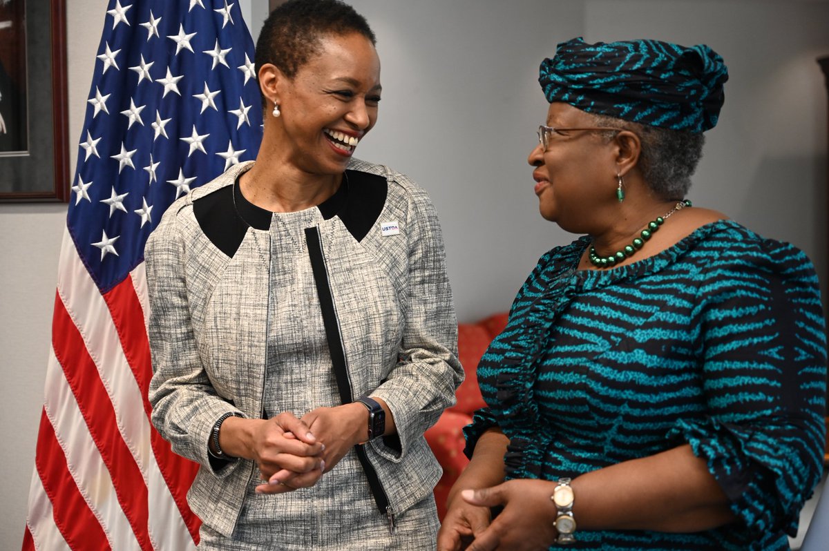 USTDA's tweet photo. Today, USTDA Director Enoh T. Ebong hosted @wto's @NOIweala to discuss USTDA’s work developing #infrastructure for trade in emerging economies while promoting economic inclusion & more resilient global supply chains. Learn more about our work: https://t.co/JdbV5DsQHr https://t.co/G9V8zq8K3S